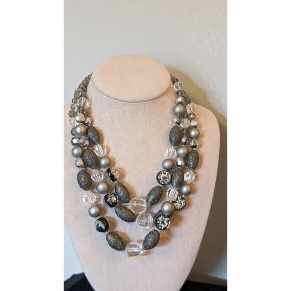 Vintage Gray Clear Faceted Crystal, Lava, Foil Bead Necklace W/ Fancy Clasp - Picture 10 of 10